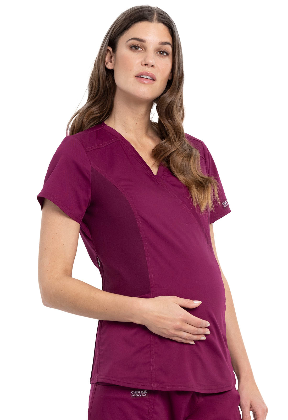 Revolution WW688 Maternity Mock Wrap Top Wine Model Image Left Side | Cherokee Workwear