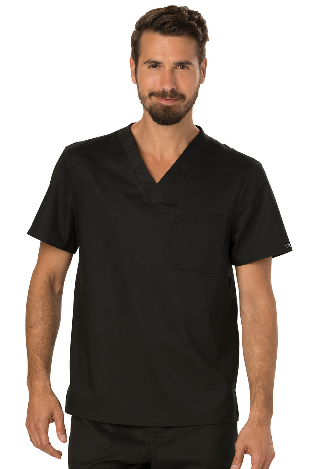 Revolution WW690 Men's Tuckable V-Neck Top Black Model Image Front | Cherokee Workwear