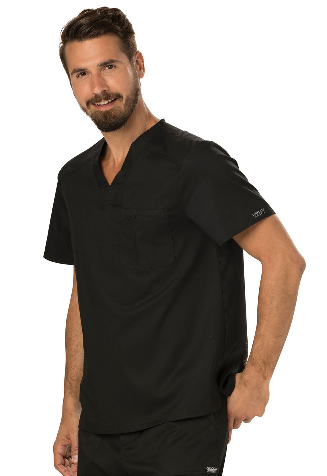 Revolution WW690 Men's Tuckable V-Neck Top Black Model Image Right Side | Cherokee Workwear