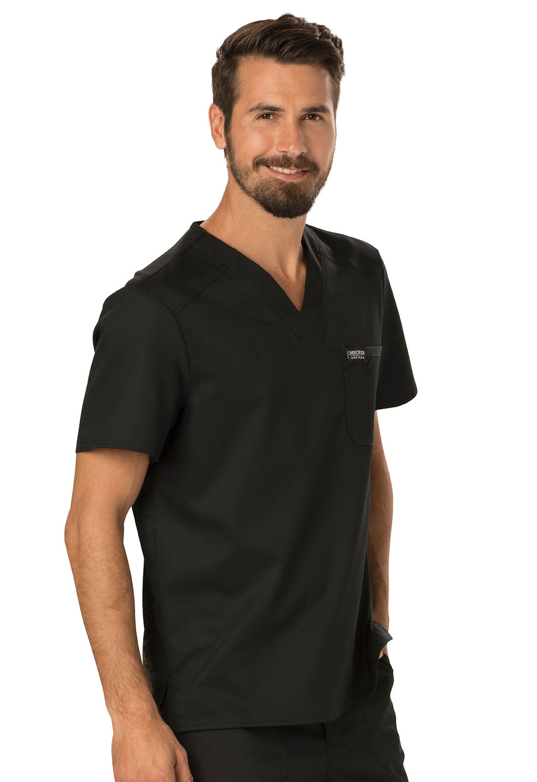 Revolution WW690 Men's Tuckable V-Neck Top Black Model Image Left Side | Cherokee Workwear