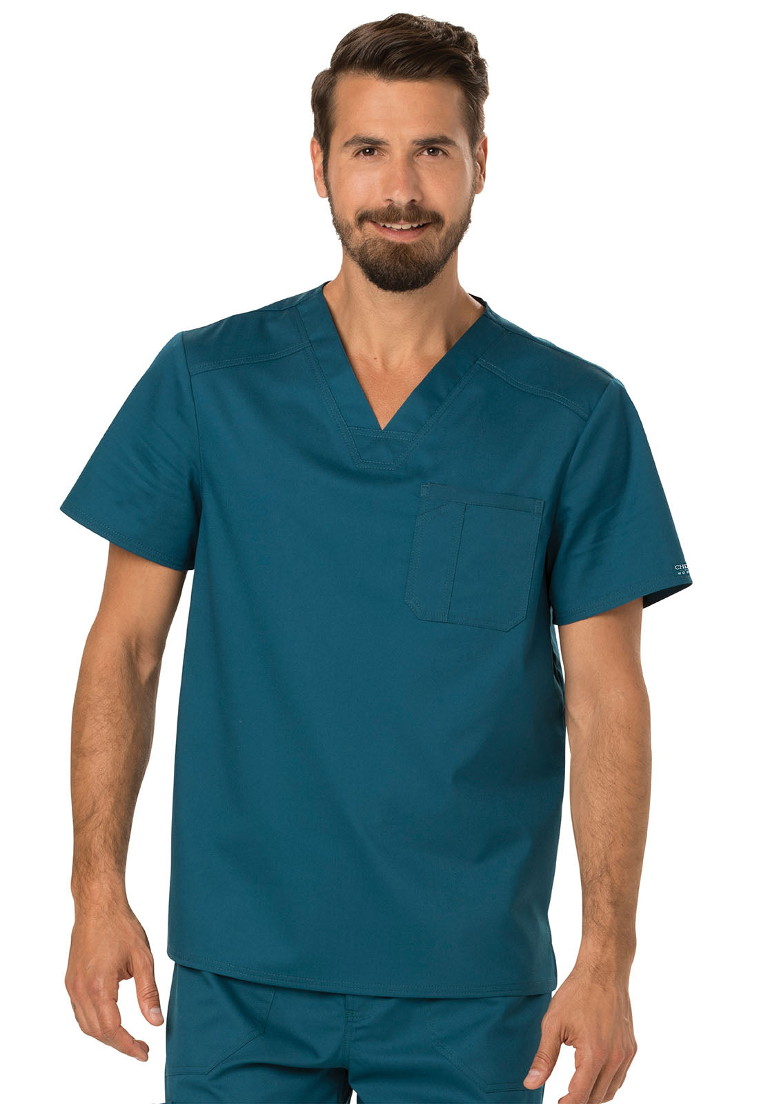 Revolution WW690 Men's Tuckable V-Neck Top Caribbean Blue Model Image Front | Cherokee Workwear