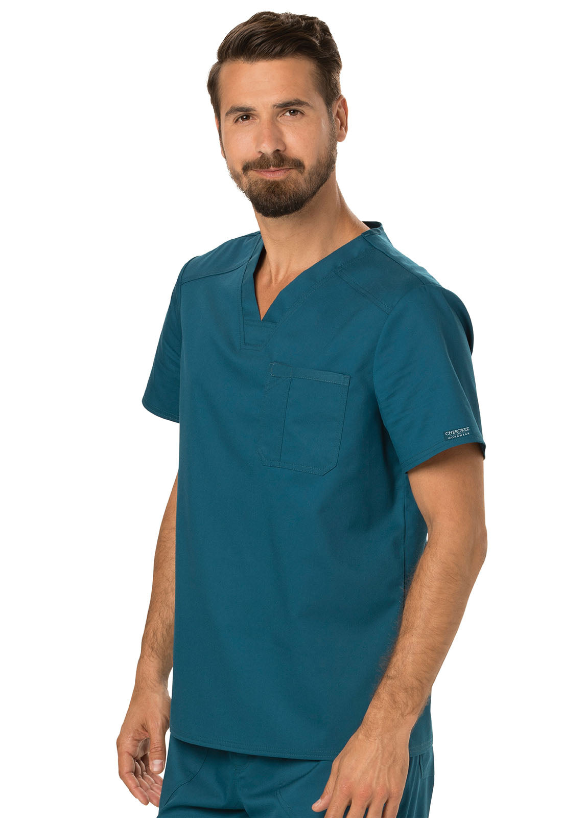 Revolution WW690 Men's Tuckable V-Neck Top Caribbean Blue Model Image Right Side | Cherokee Workwear