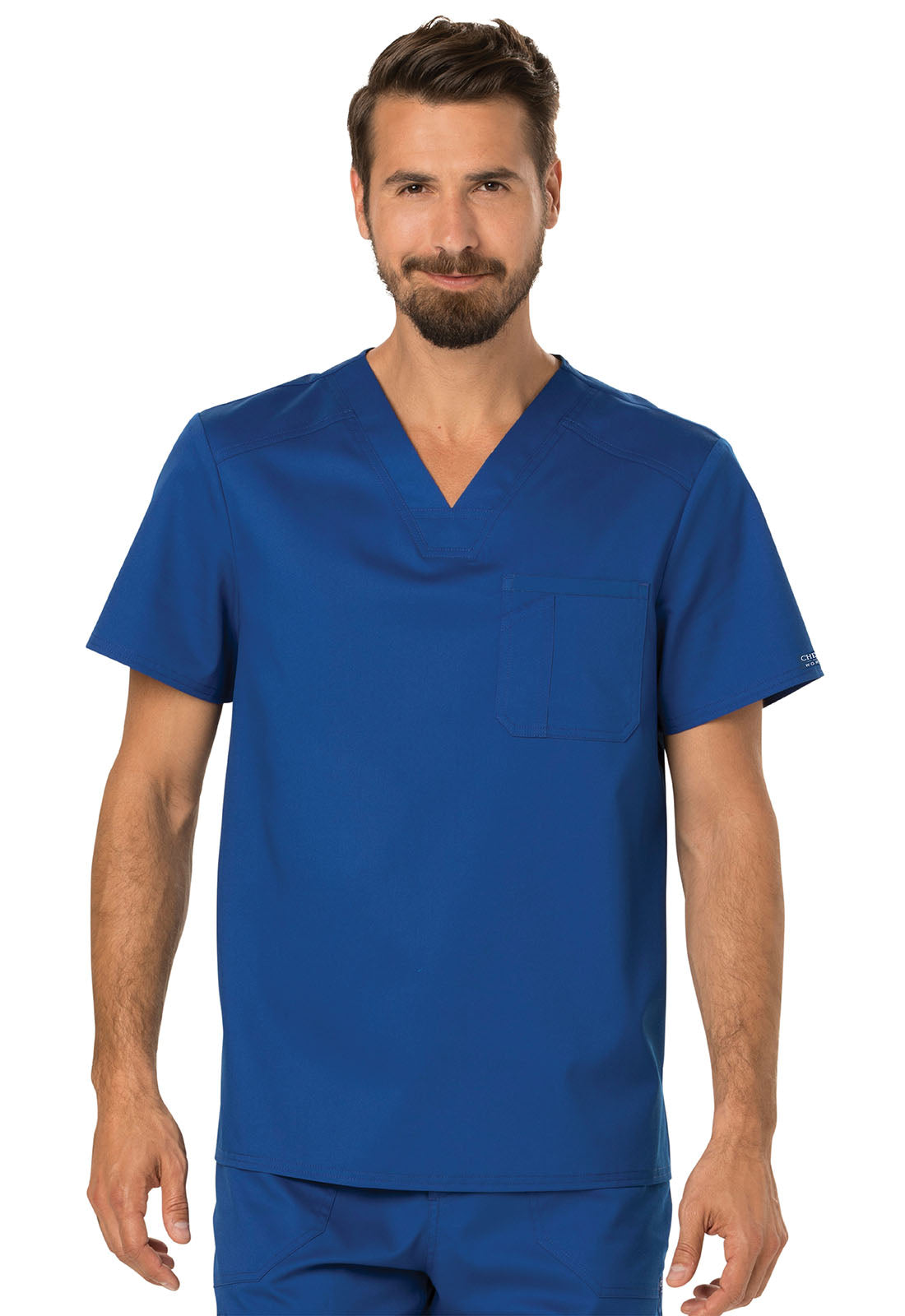 Revolution WW690 Men's Tuckable V-Neck Top Galaxy Blue Model Image Front | Cherokee Workwear