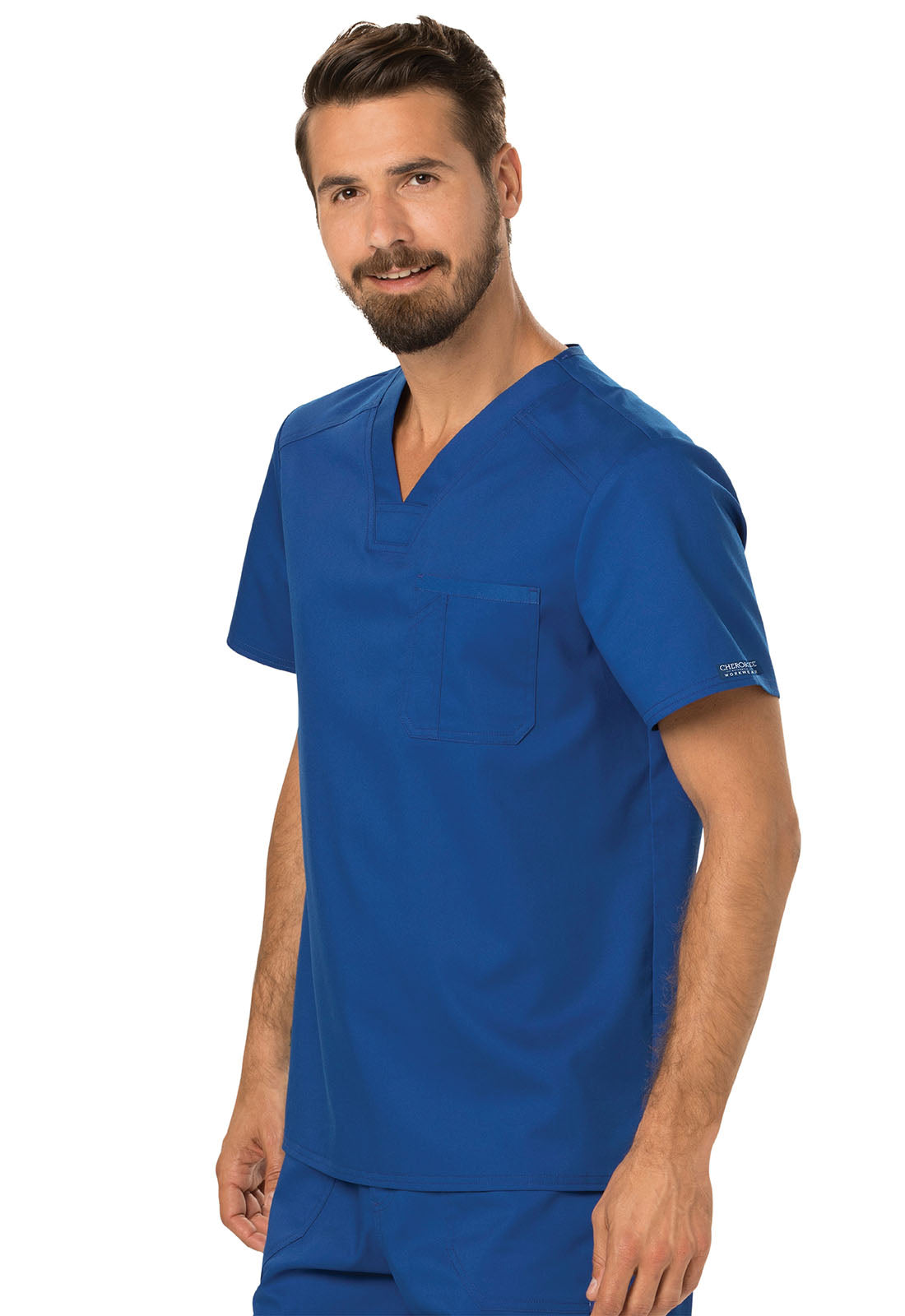 Revolution WW690 Men's Tuckable V-Neck Top Galaxy Blue Model Image Right Side | Cherokee Workwear