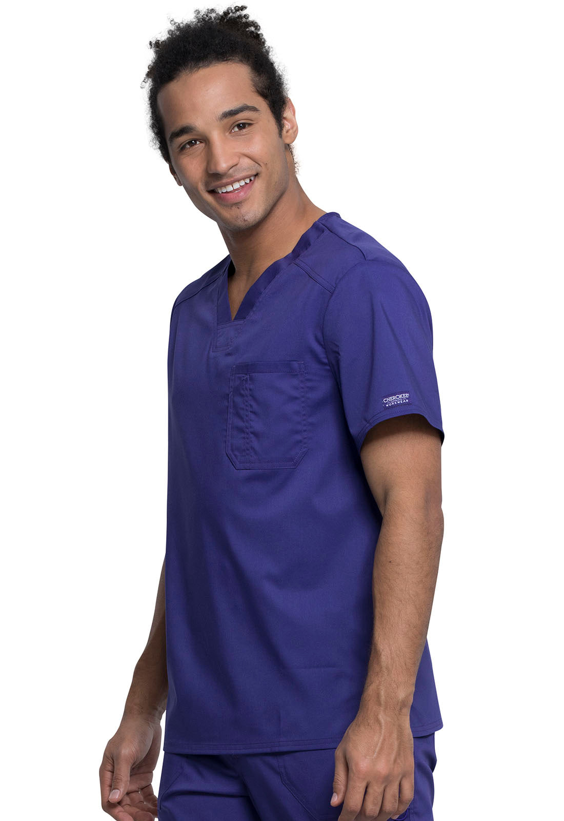 Revolution WW690 Men's Tuckable V-Neck Top Grape Model Image Right Side | Cherokee Workwear