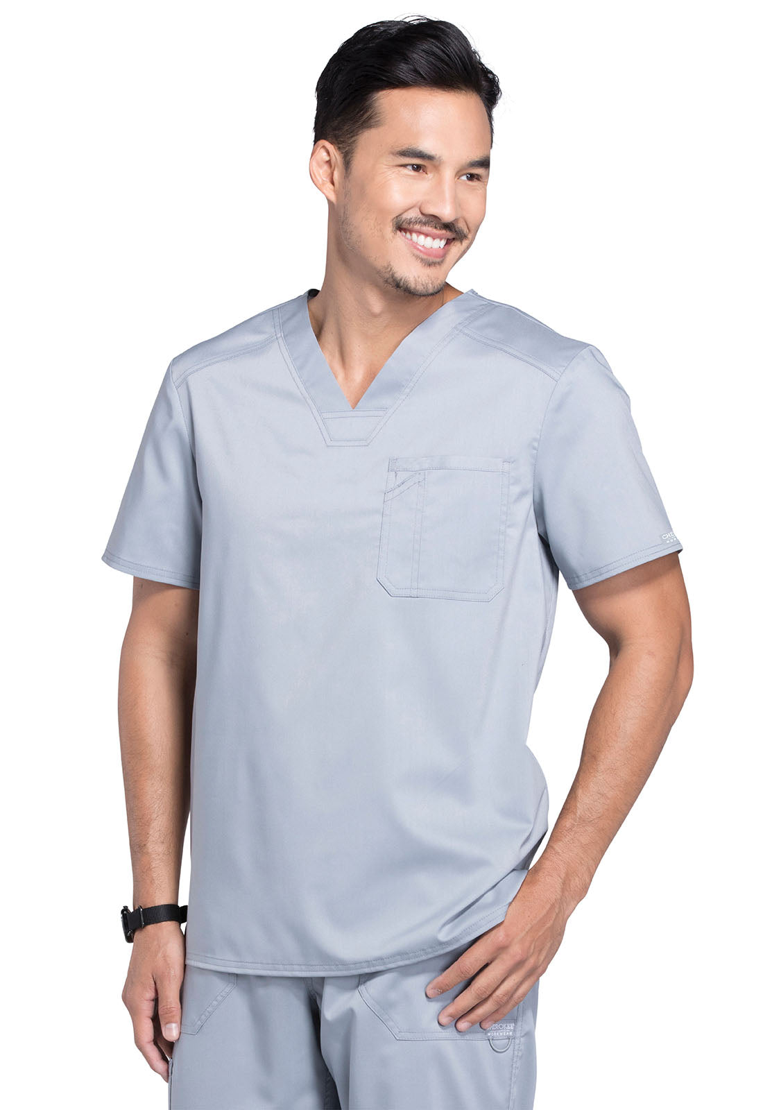 Revolution WW690 Men's Tuckable V-Neck Top Grey Model Image Right Side | Cherokee Workwear