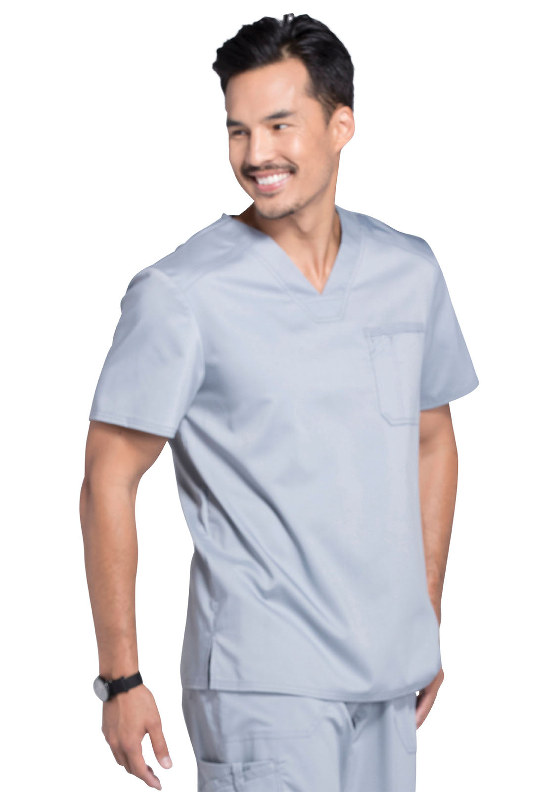 Revolution WW690 Men's Tuckable V-Neck Top Grey Model Image Left Side | Cherokee Workwear