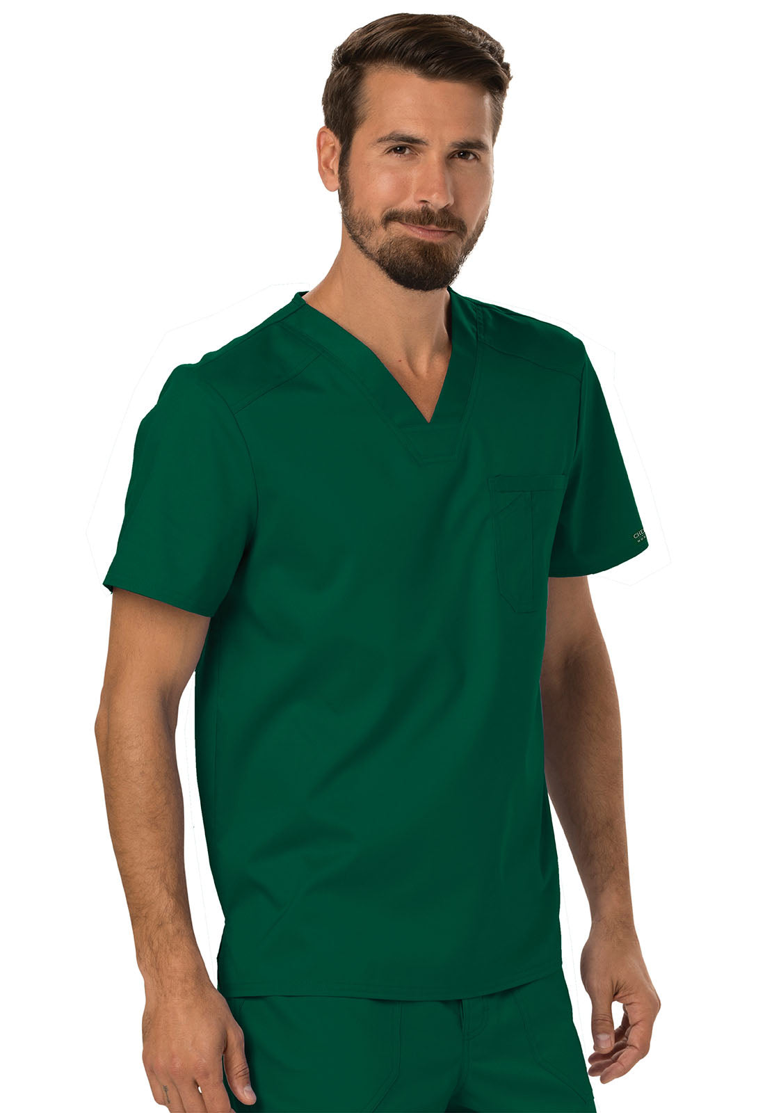 Revolution WW690 Men's Tuckable V-Neck Top Hunter Green Model Image Left Side | Cherokee Workwear