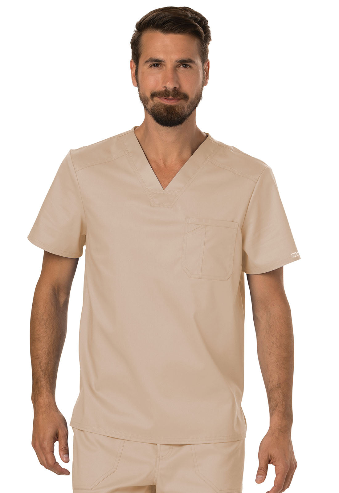 Revolution WW690 Men's Tuckable V-Neck Top Khaki Model Image Front | Cherokee Workwear