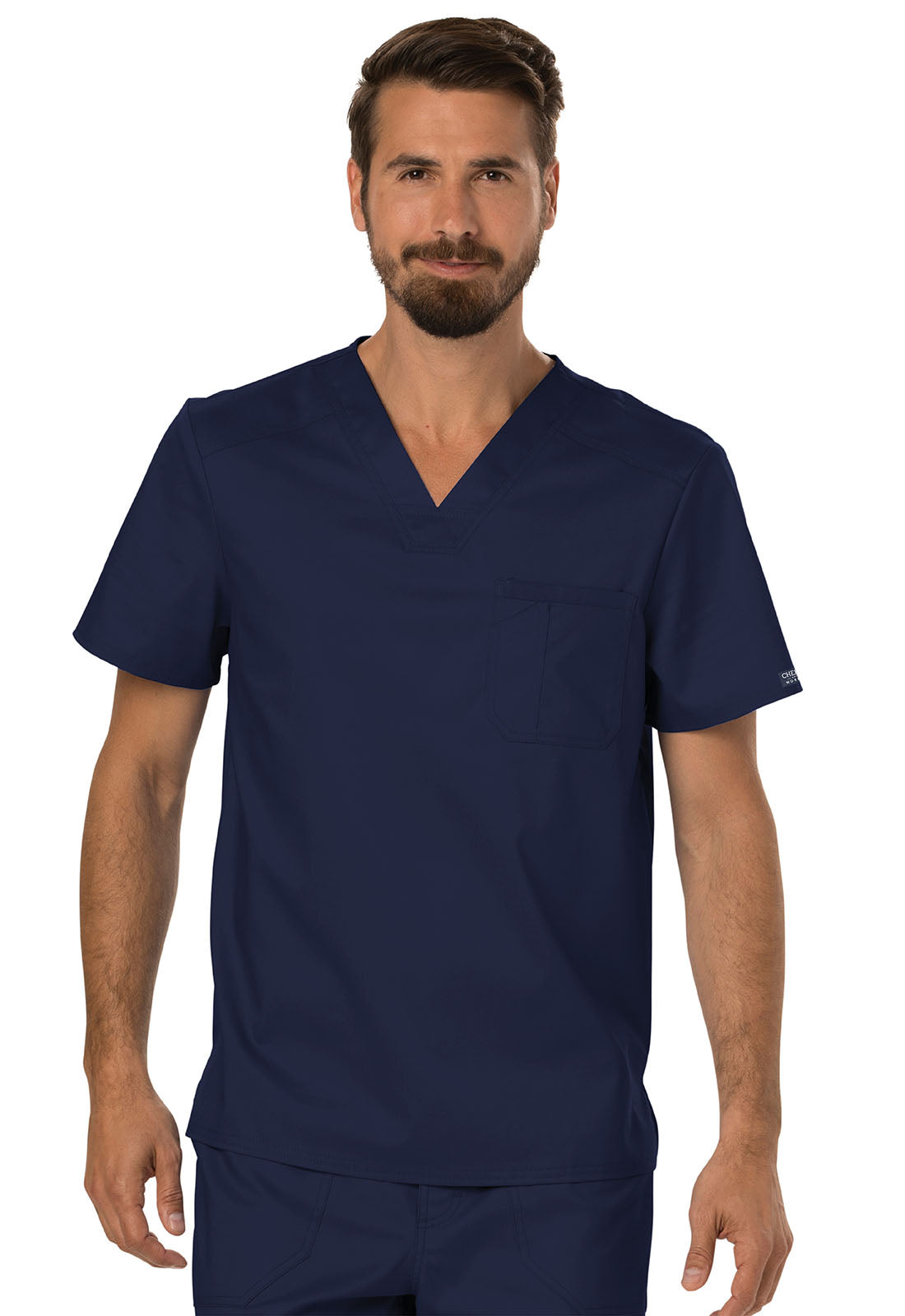 Revolution WW690 Men's Tuckable V-Neck Top Navy Model Image Front | Cherokee Workwear