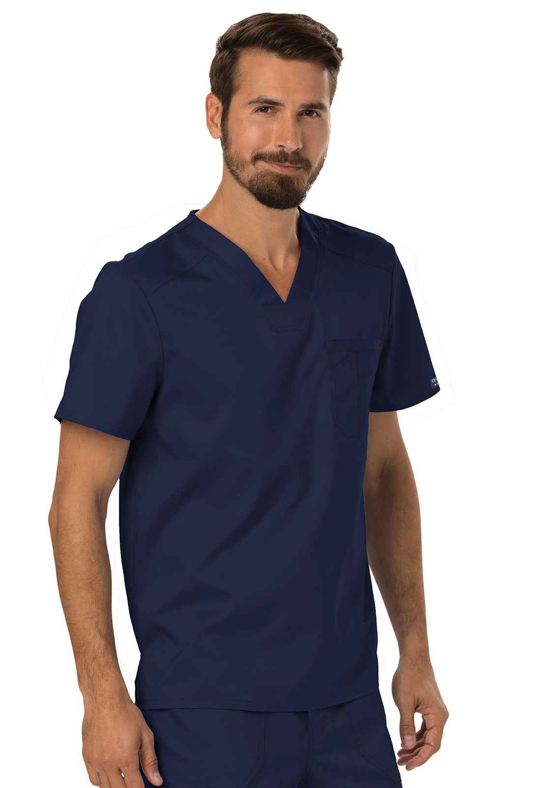 Revolution WW690 Men's Tuckable V-Neck Top Navy Model Image Left Side | Cherokee Workwear