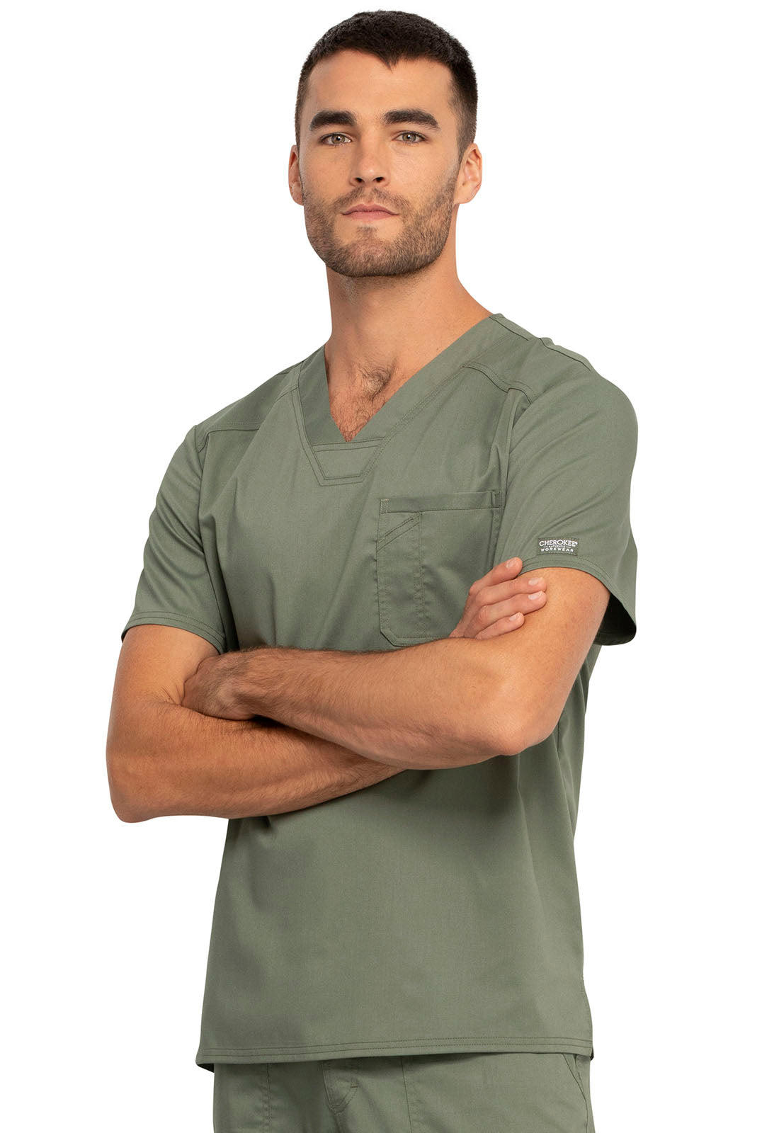 Revolution WW690 Men's Tuckable V-Neck Top Olive Model Image Right Side | Cherokee Workwear