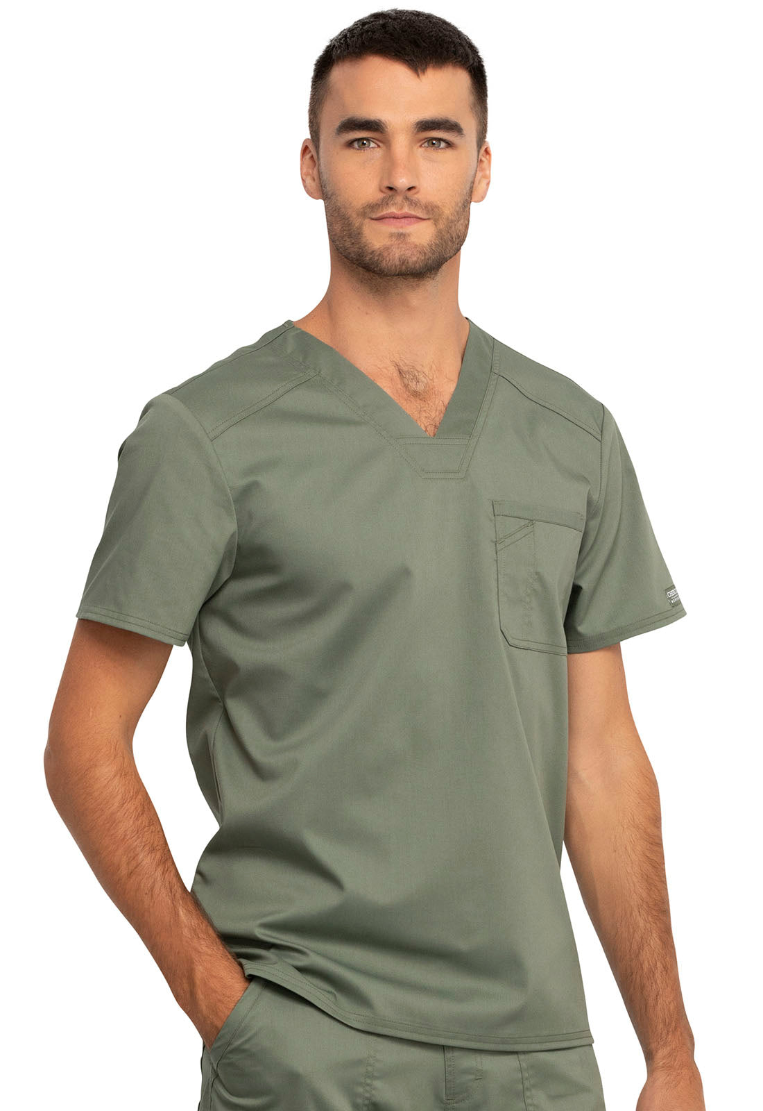 Revolution WW690 Men's Tuckable V-Neck Top Olive Model Image Left Side | Cherokee Workwear