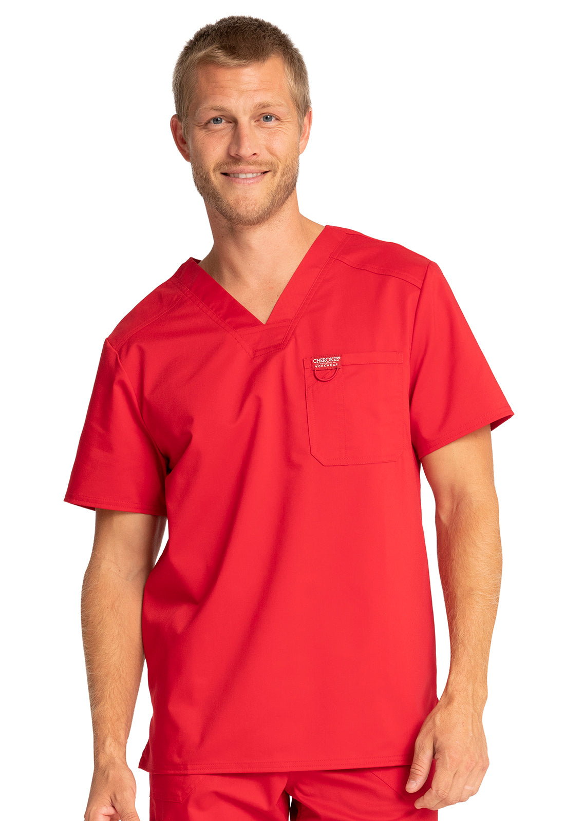 Revolution WW690 Men's Tuckable V-Neck Top Red Model Image Front | Cherokee Workwear