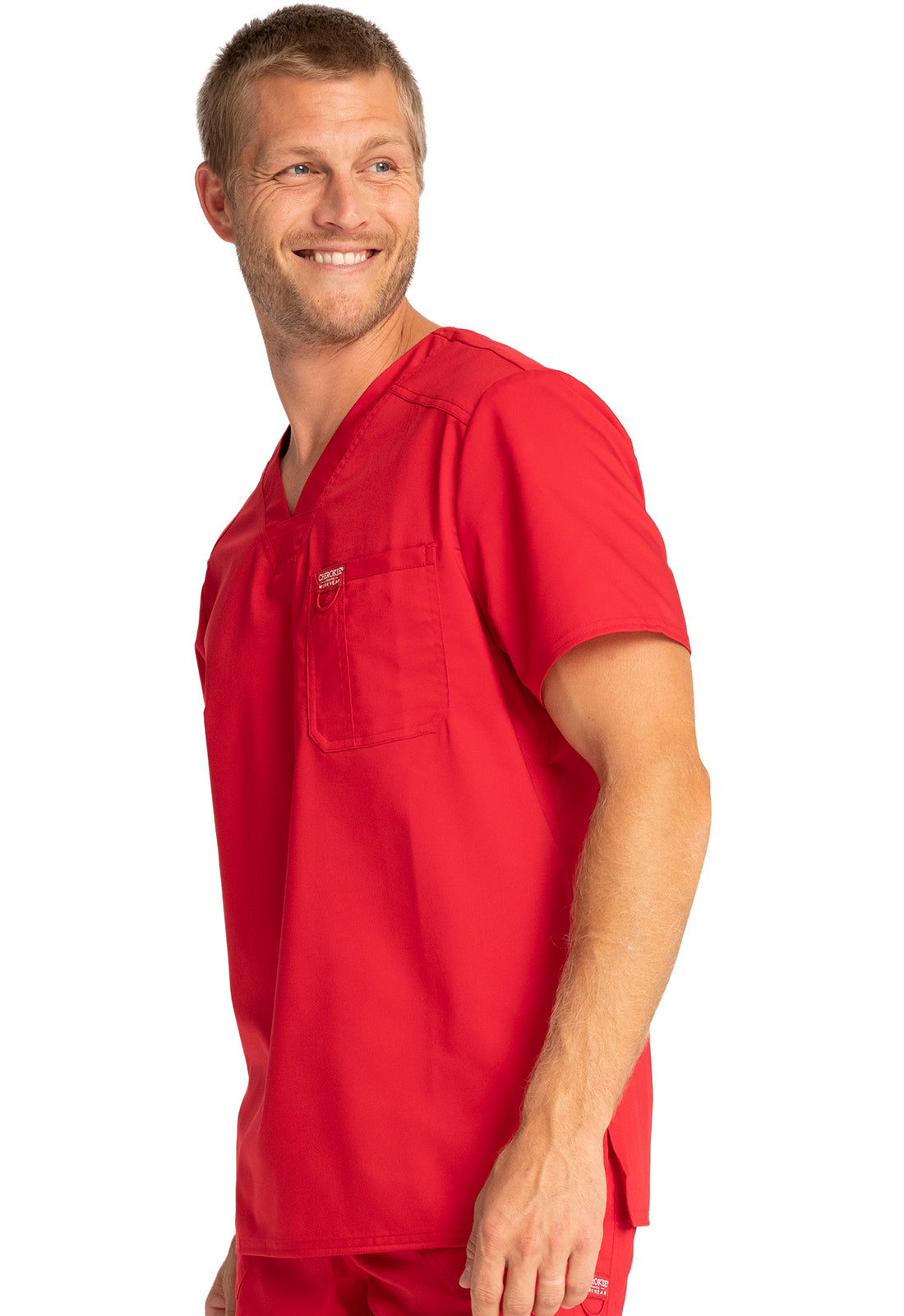 Revolution WW690 Men's Tuckable V-Neck Top Red Model Image Right Side | Cherokee Workwear