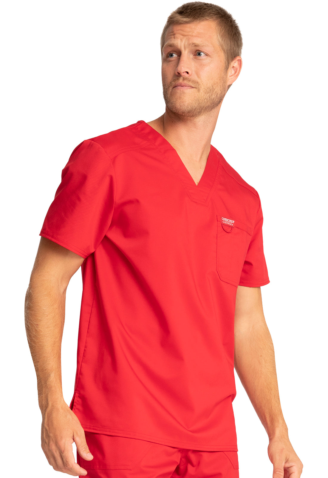 Revolution WW690 Men's Tuckable V-Neck Top Red Model Image Left Side | Cherokee Workwear