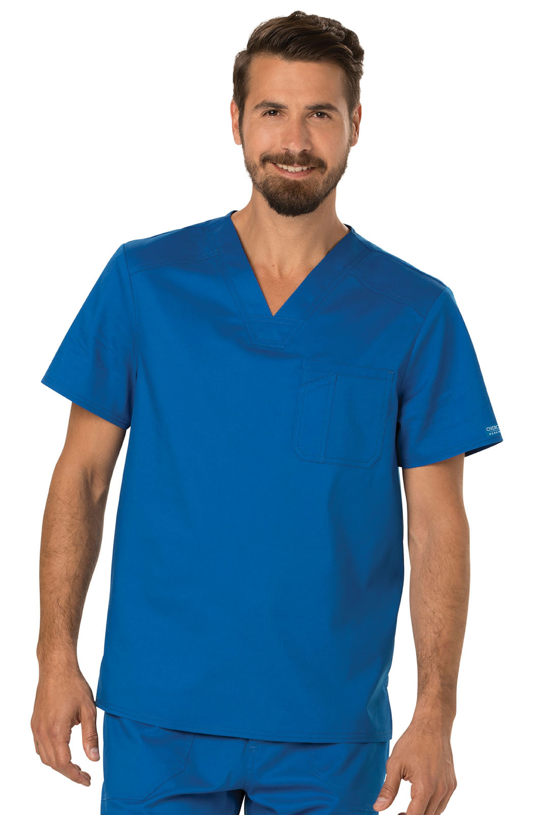 Revolution WW690 Men's Tuckable V-Neck Top Royal Model Image Front | Cherokee Workwear