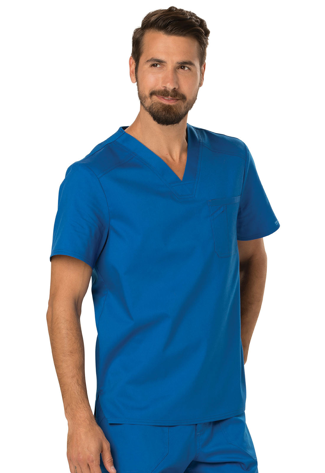 Revolution WW690 Men's Tuckable V-Neck Top Royal Model Image Left Side | Cherokee Workwear