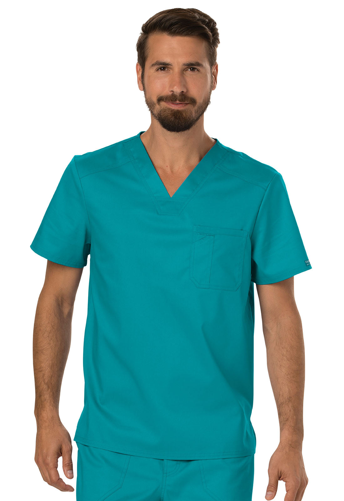 Revolution WW690 Men's Tuckable V-Neck Top Teal Blue Model Image Front | Cherokee Workwear