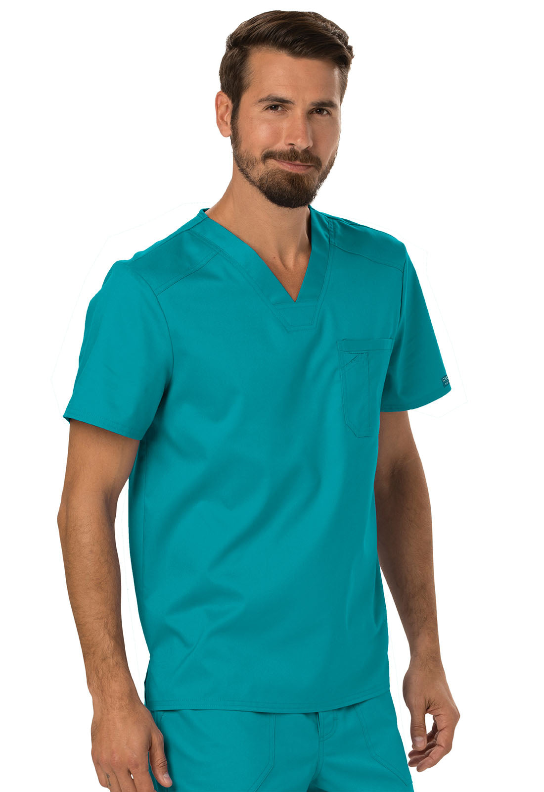 Revolution WW690 Men's Tuckable V-Neck Top Teal Blue Model Image Left Side | Cherokee Workwear