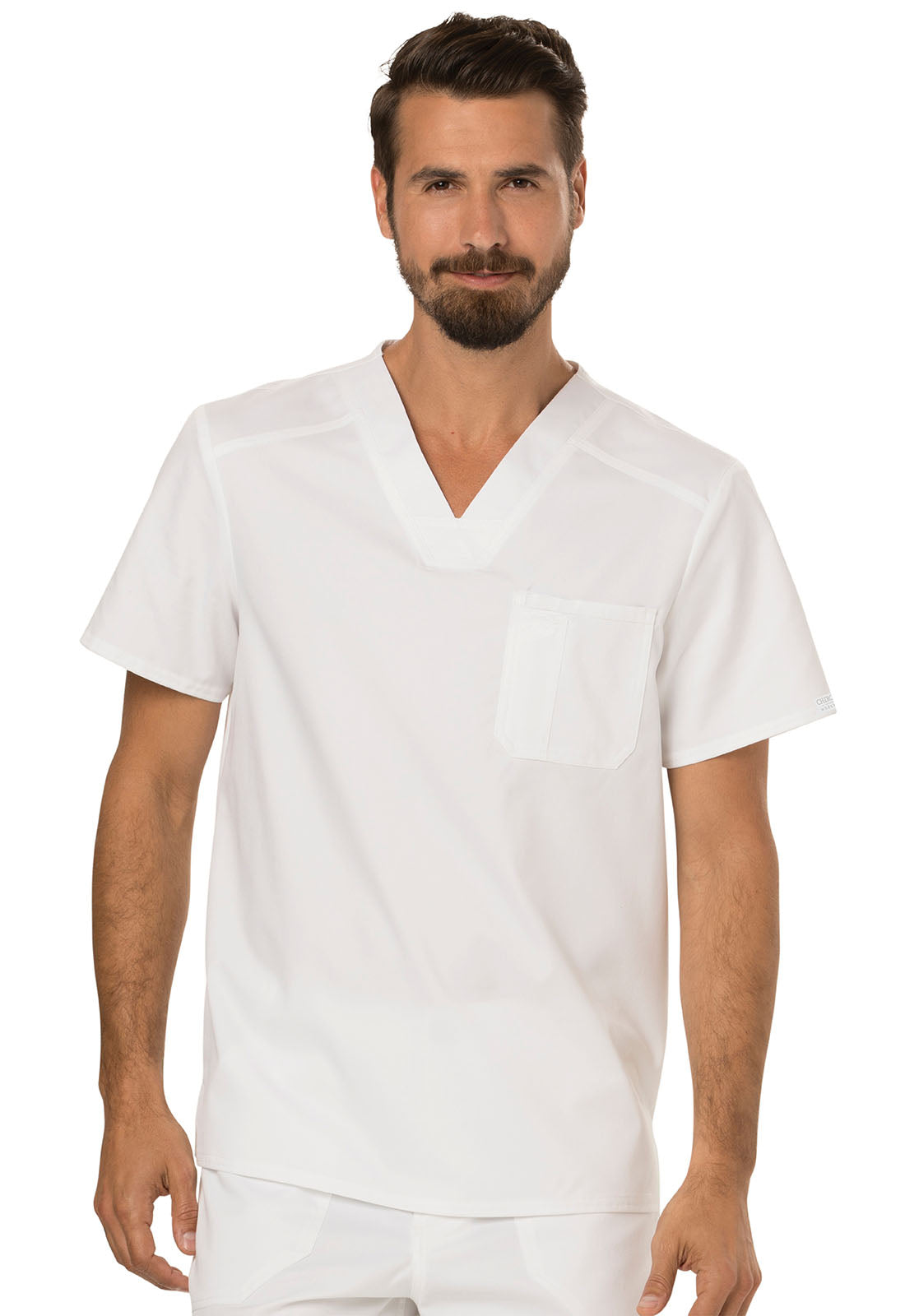 Revolution WW690 Men's Tuckable V-Neck Top White Model Image Front | Cherokee Workwear