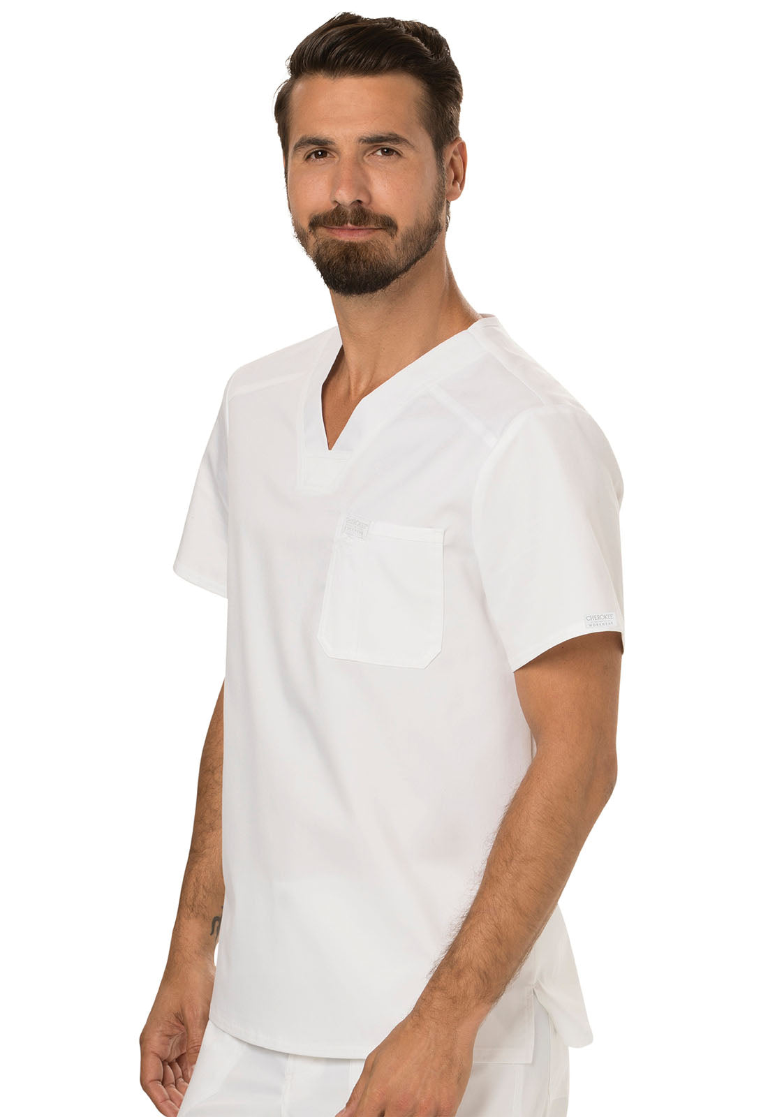 Revolution WW690 Men's Tuckable V-Neck Top White Model Image Right Side | Cherokee Workwear