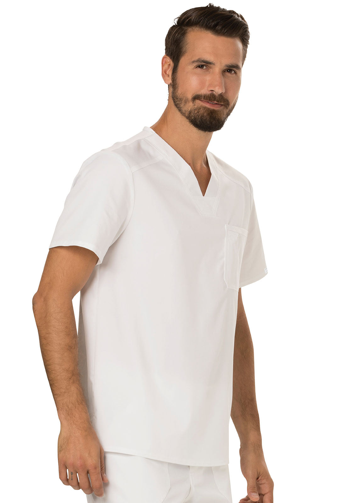 Revolution WW690 Men's Tuckable V-Neck Top White Model Image Left Side | Cherokee Workwear