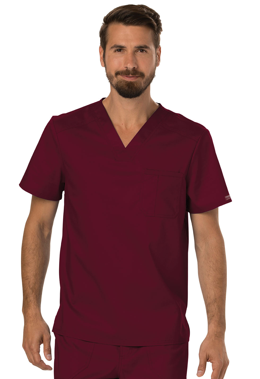 Revolution WW690 Men's Tuckable V-Neck Top Wine Model Image Front | Cherokee Workwear