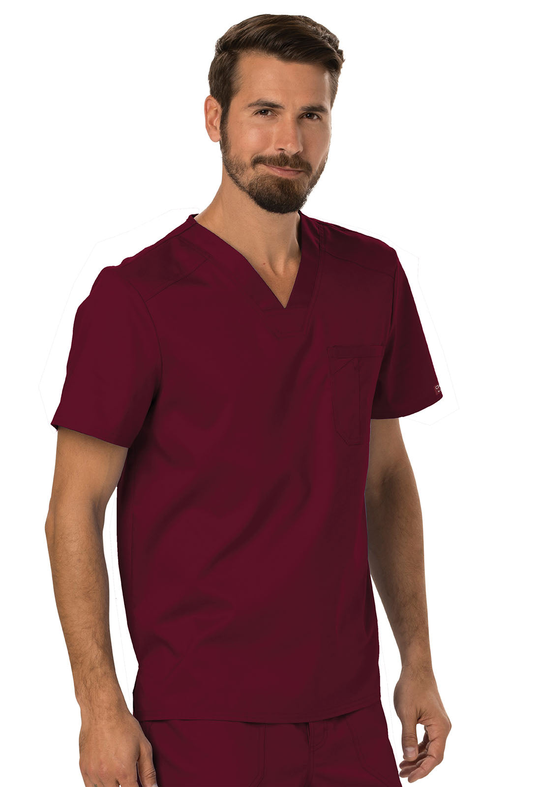 Revolution WW690 Men's Tuckable V-Neck Top Wine Model Image Left Side | Cherokee Workwear