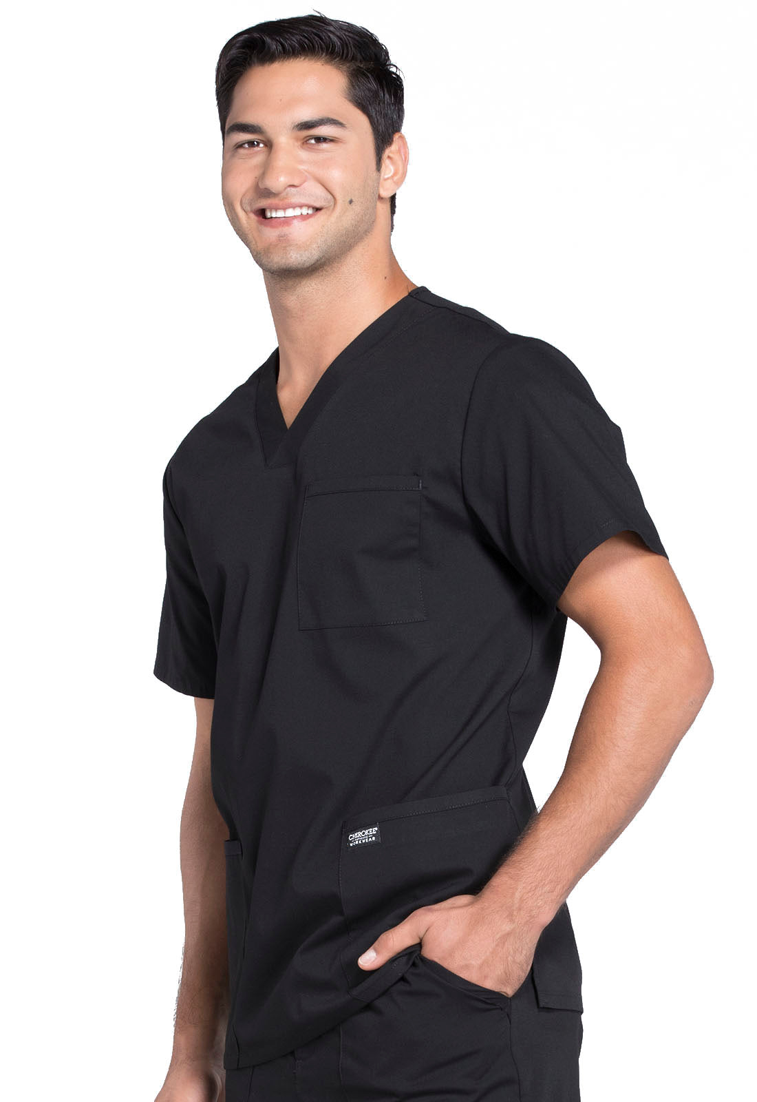 Professionals WW695 Men's V-Neck Top Black Model Image Right Side | Cherokee Workwear