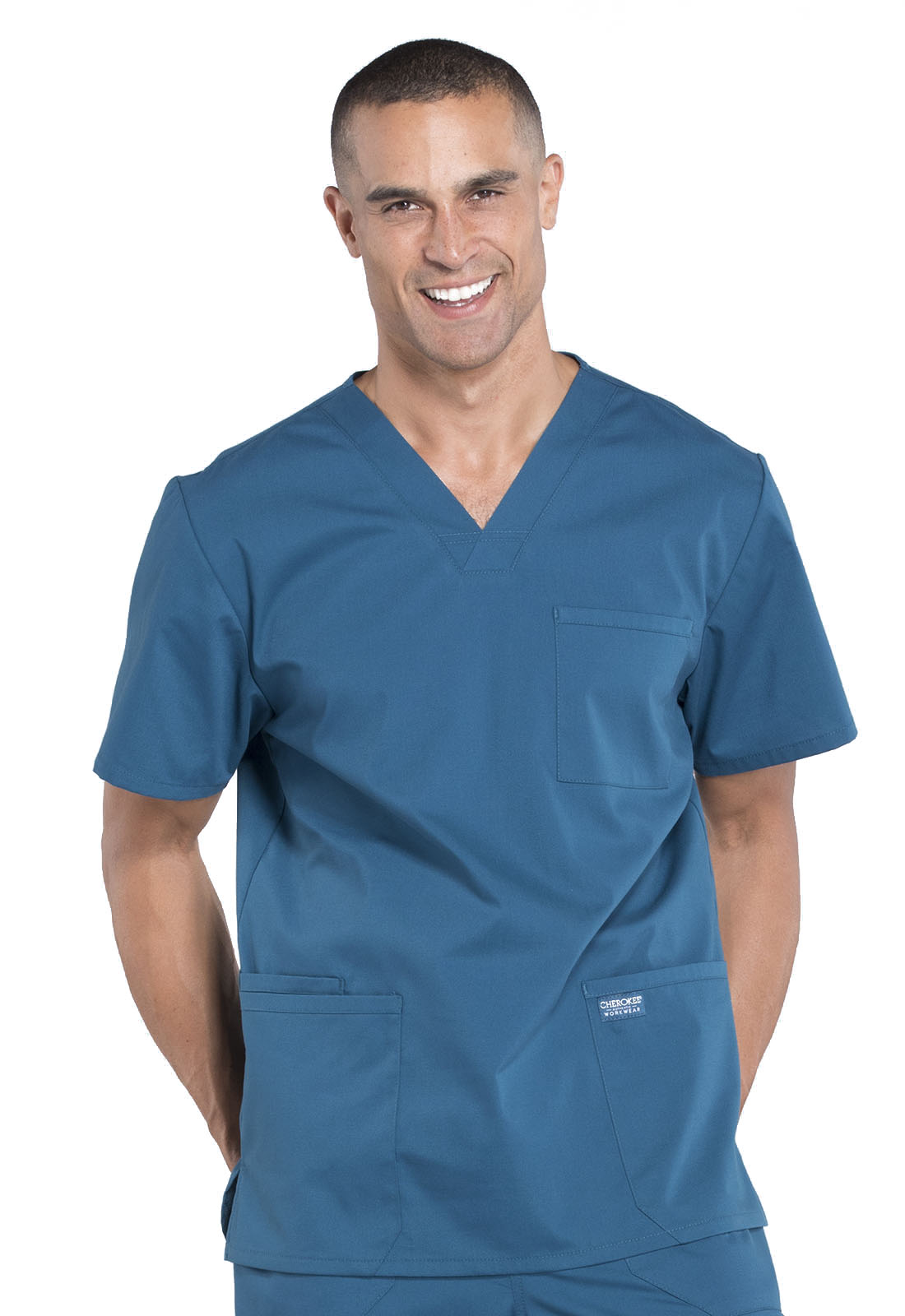 Professionals WW695 Men's V-Neck Top Caribbean Blue Model Image Front | Cherokee Workwear