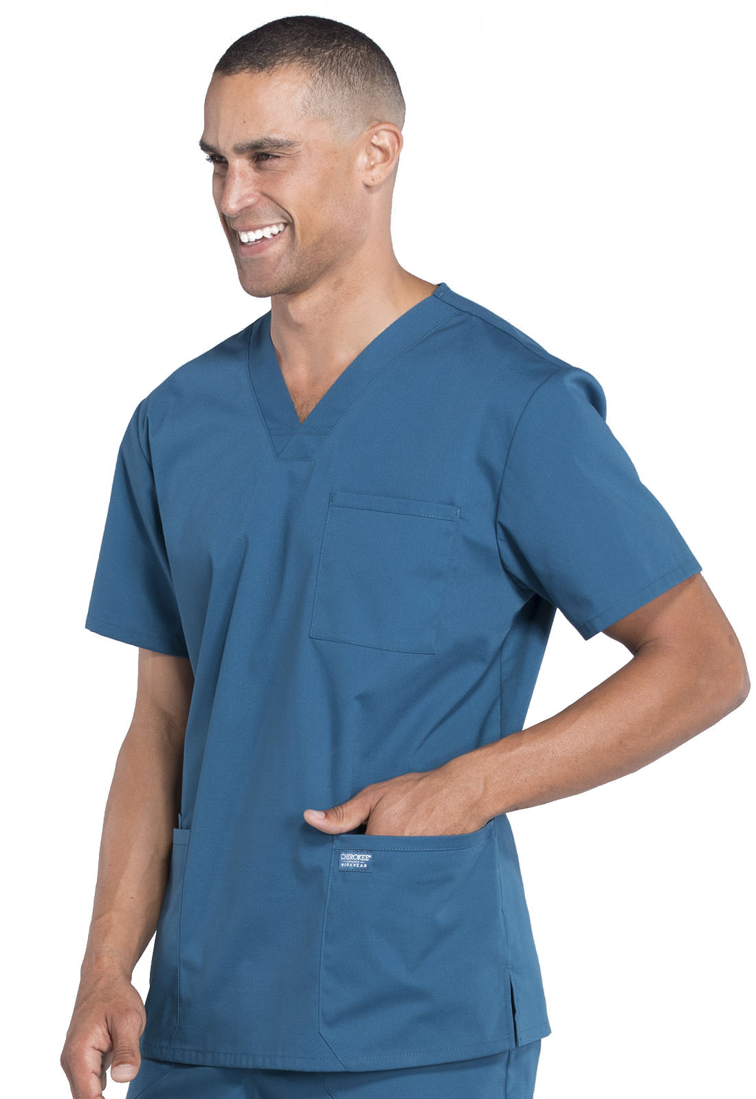 Professionals WW695 Men's V-Neck Top Caribbean Blue Model Image Right Side | Cherokee Workwear