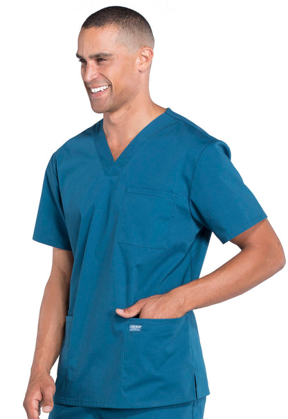 Professionals WW695 Men's V-Neck Top Caribbean Blue Model Image Right Side | Cherokee Workwear