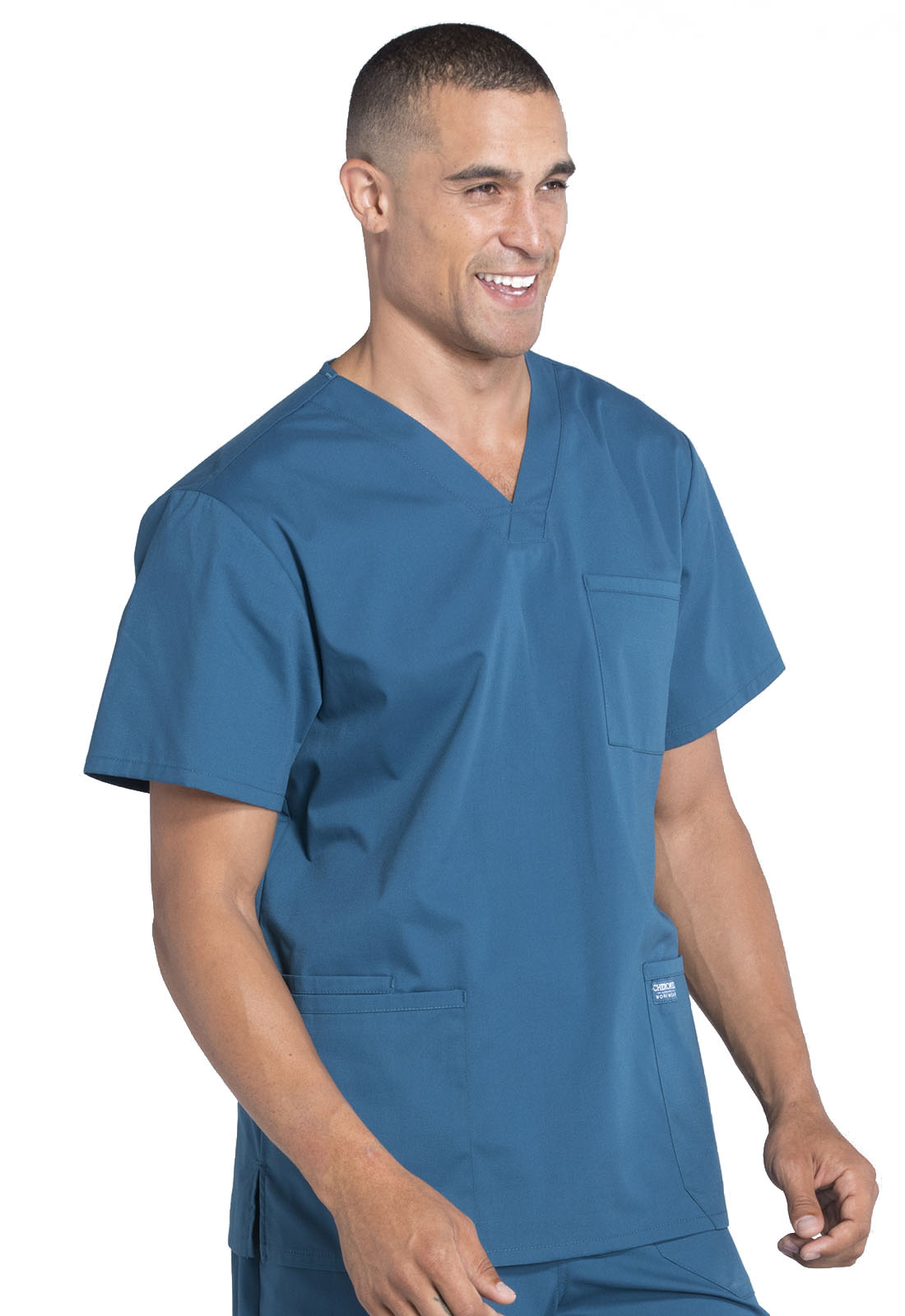 Professionals WW695 Men's V-Neck Top Caribbean Blue Model Image Left Side | Cherokee Workwear