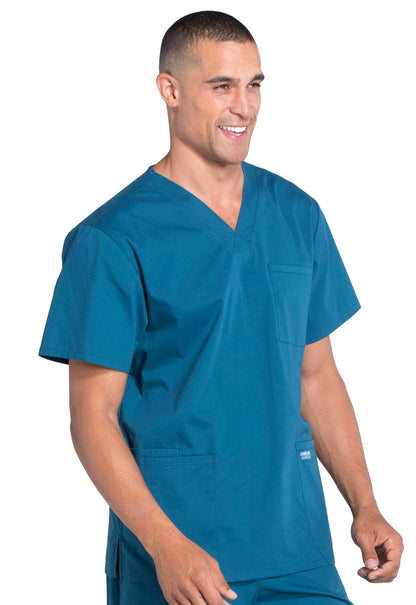 Professionals WW695 Men's V-Neck Top Caribbean Blue Model Image Left Side | Cherokee Workwear