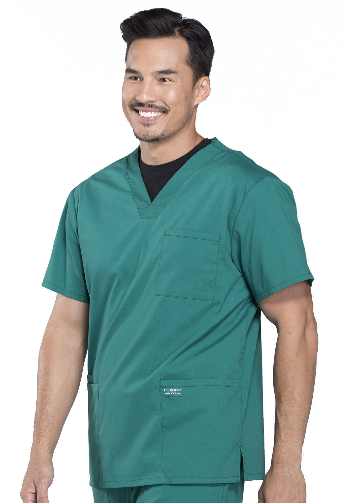 Professionals WW695 Men's V-Neck Top Hunter Green Model Image Right Side | Cherokee Workwear