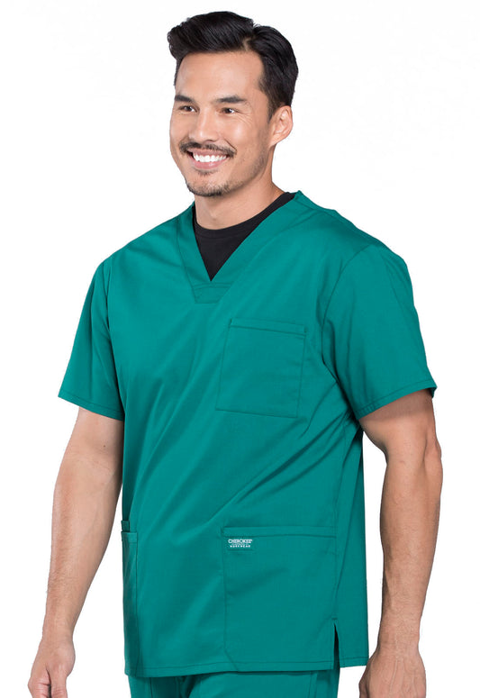 Professionals WW695 Men's V-Neck Top Hunter Green Model Image Right Side | Cherokee Workwear