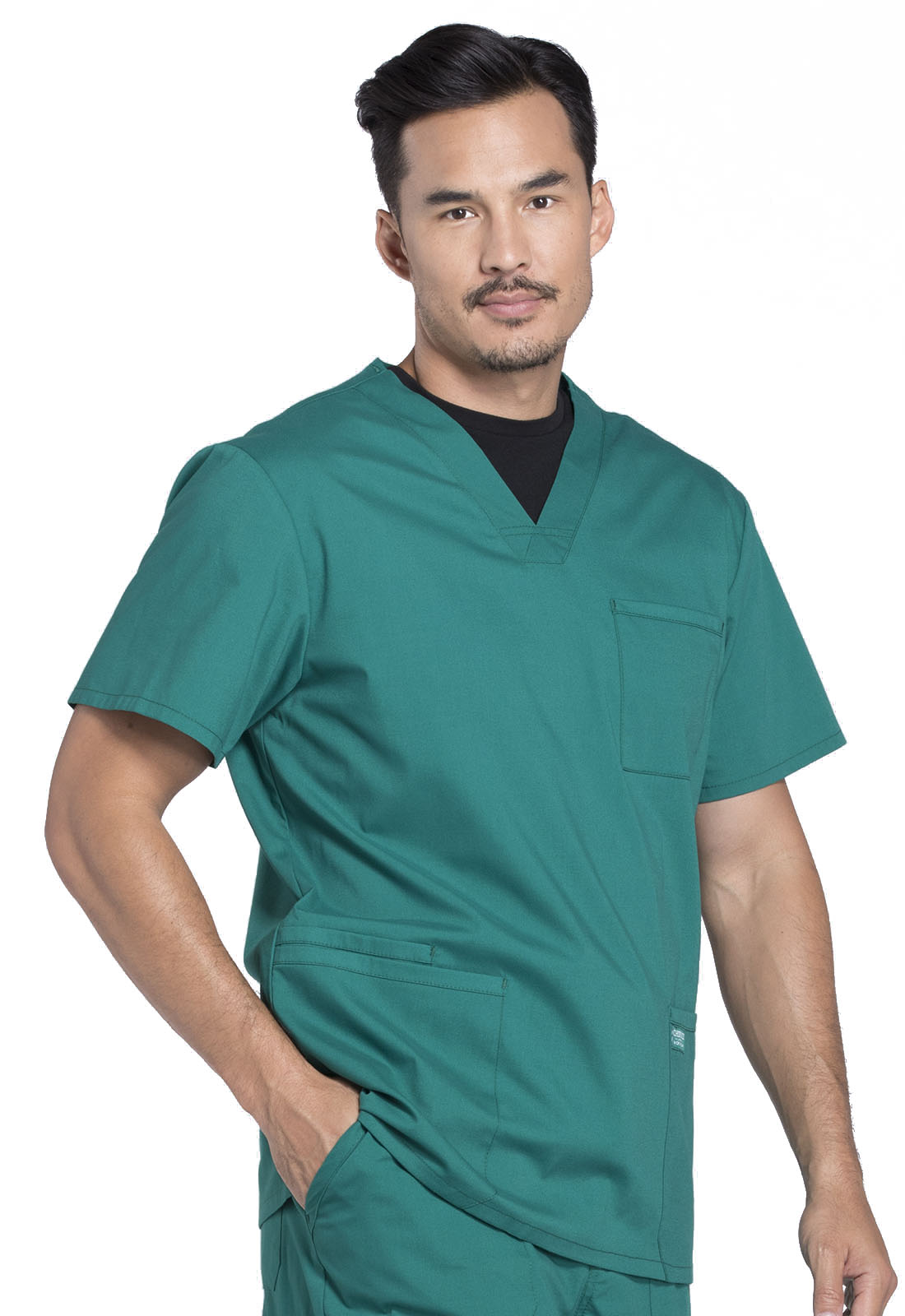 Professionals WW695 Men's V-Neck Top Hunter Green Model Image Left Side | Cherokee Workwear