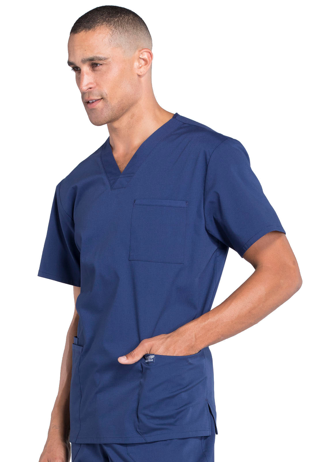 Professionals WW695 Men's V-Neck Top Navy Model Image Right Side | Cherokee Workwear