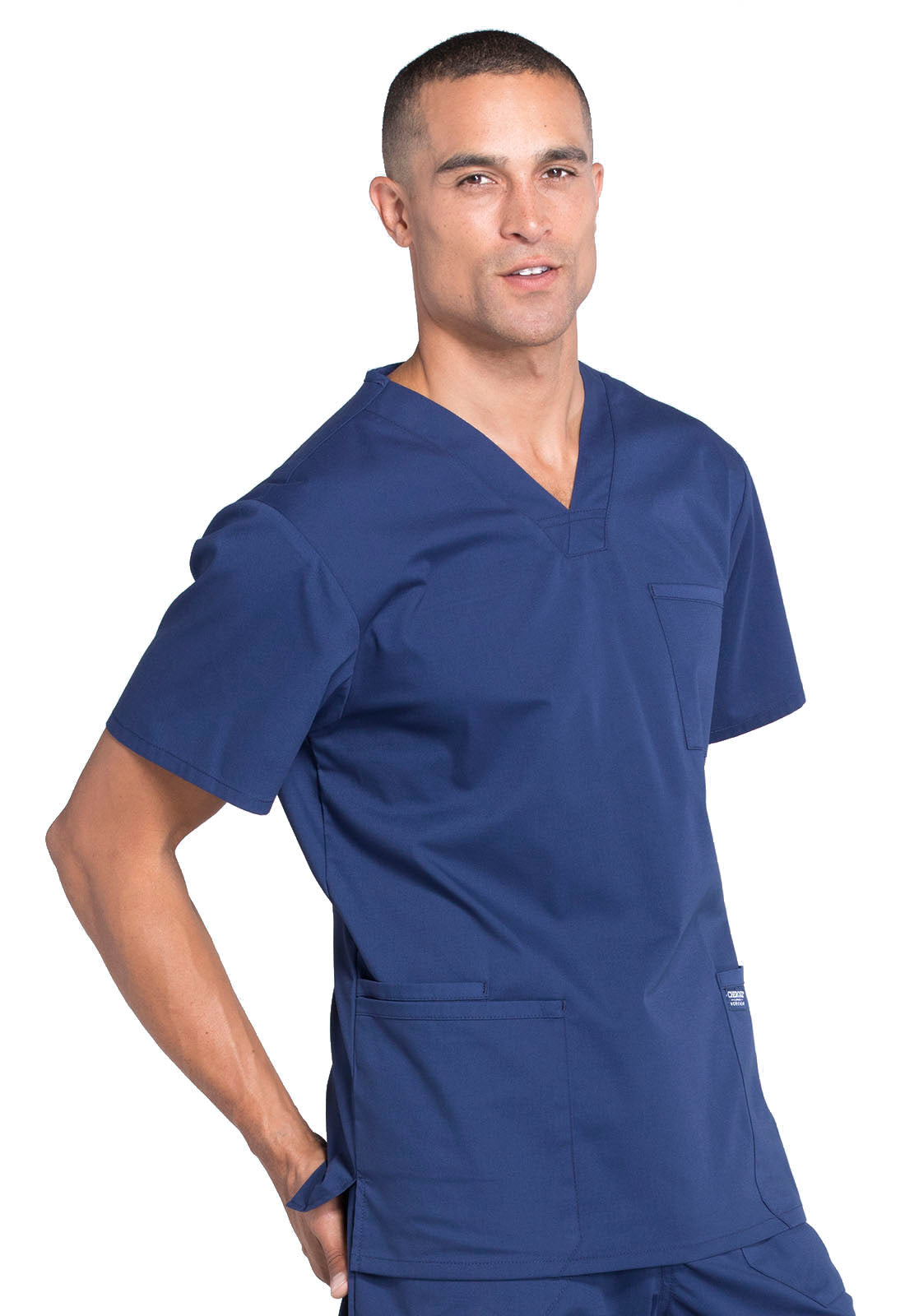 Professionals WW695 Men's V-Neck Top Navy Model Image Left Side | Cherokee Workwear