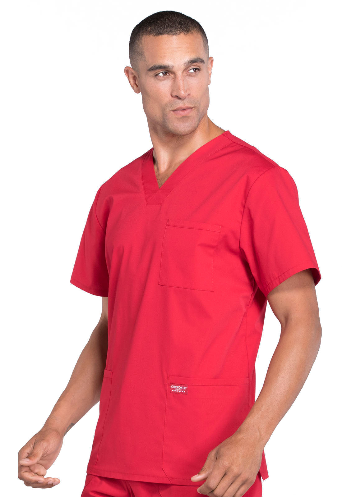 Professionals WW695 Men's V-Neck Top Red Model Image Right Side | Cherokee Workwear