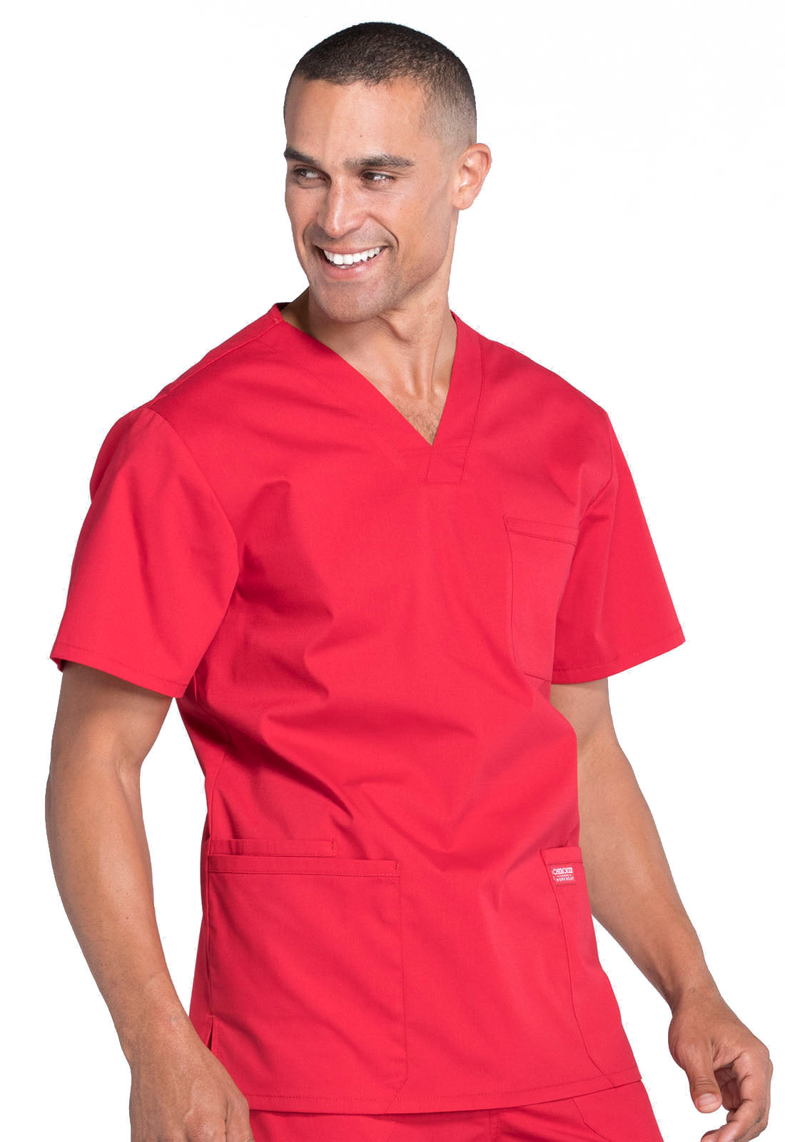 Professionals WW695 Men's V-Neck Top Red Model Image Left Side | Cherokee Workwear