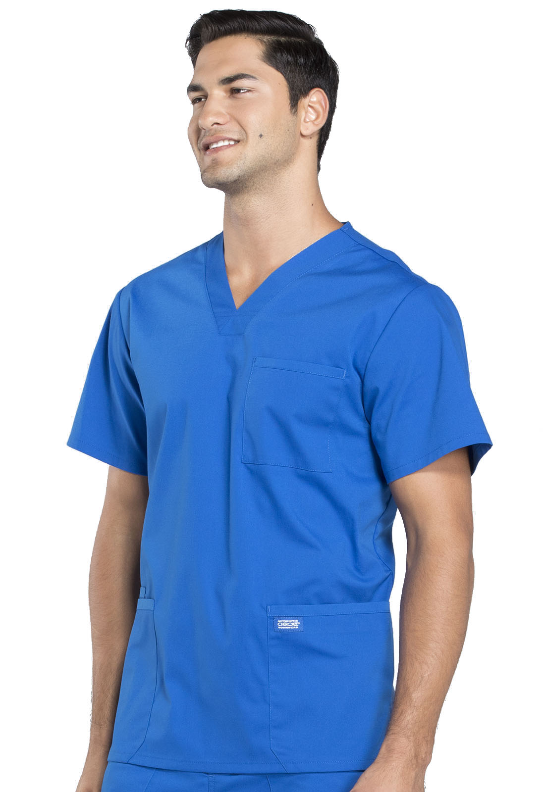 Professionals WW695 Men's V-Neck Top Royal Model Image Right Side | Cherokee Workwear