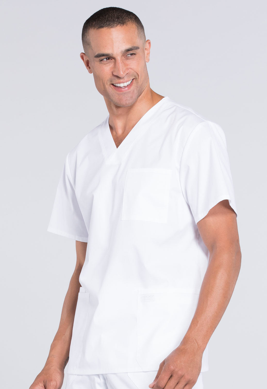 Professionals WW695 Men's V-Neck Top White Model Image Right Side | Cherokee Workwear