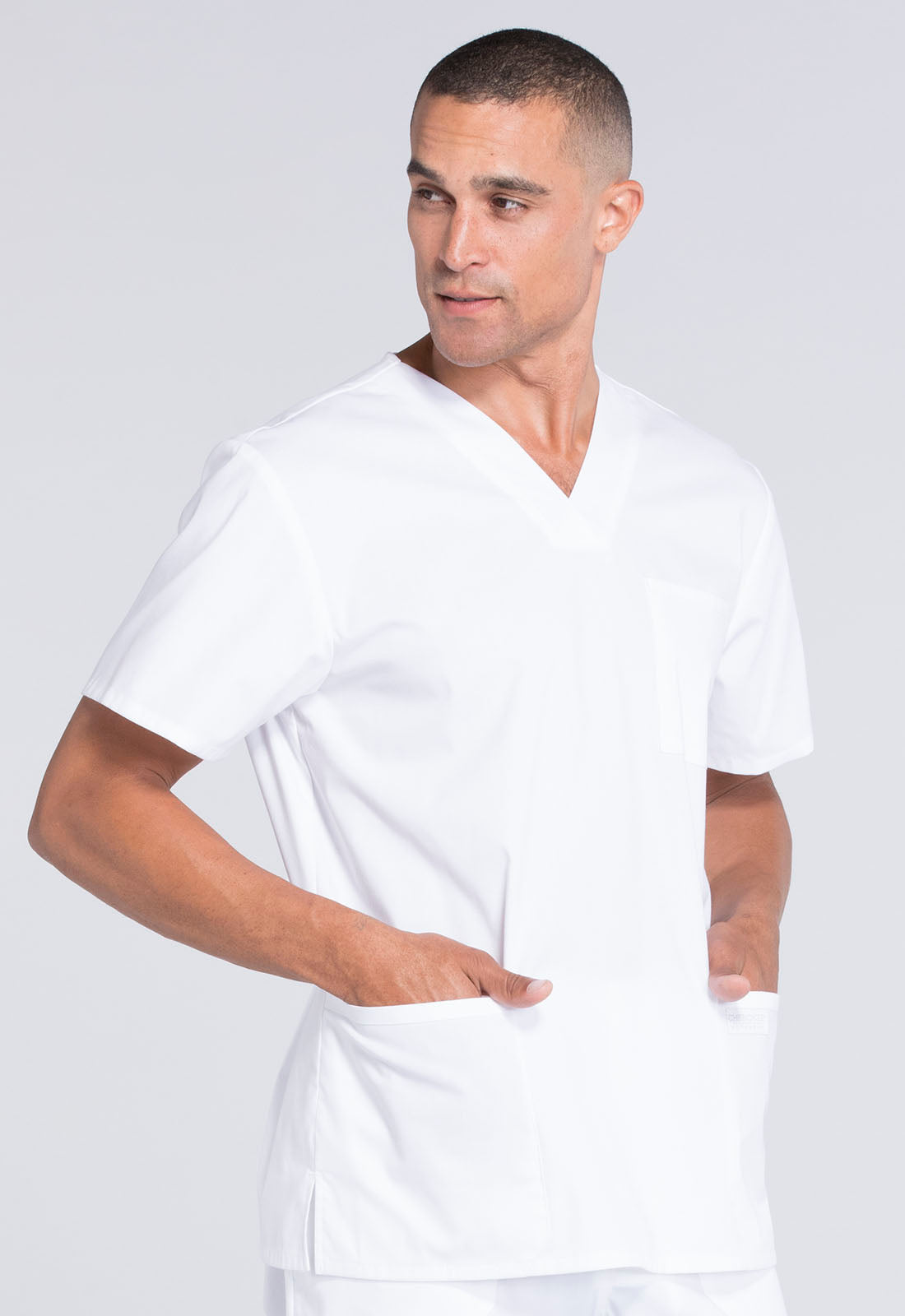 Professionals WW695 Men's V-Neck Top White Model Image Left Side | Cherokee Workwear