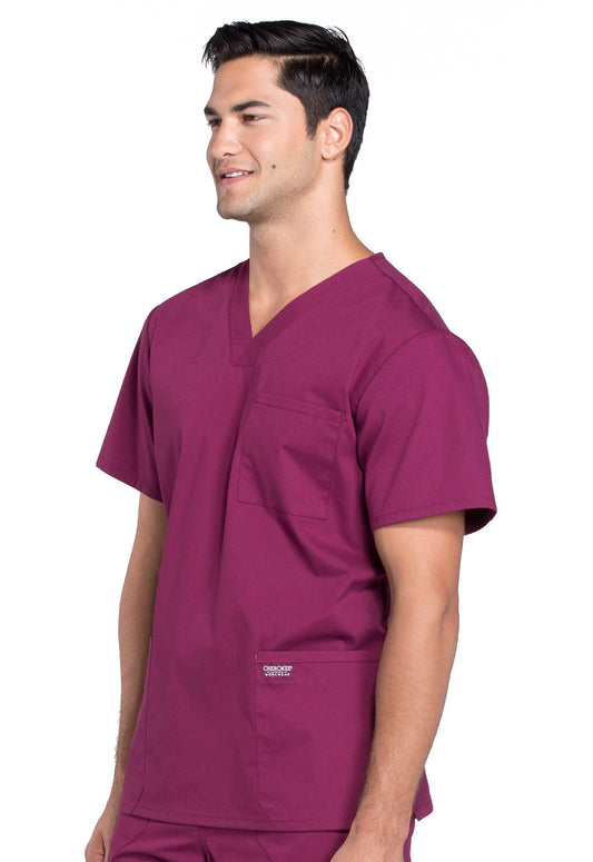 Professionals WW695 Men's V-Neck Top Wine Model Image Right Side | Cherokee Workwear