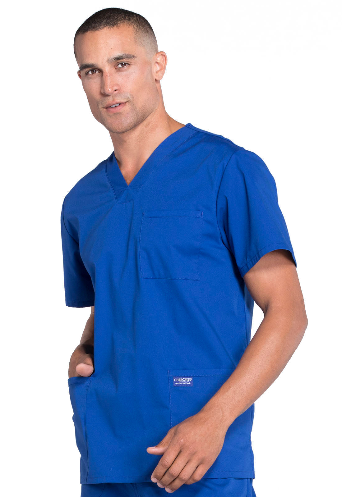 Professionals WW695 Men's V-Neck Top Galaxy Blue Model Image Right Side | Cherokee Workwear