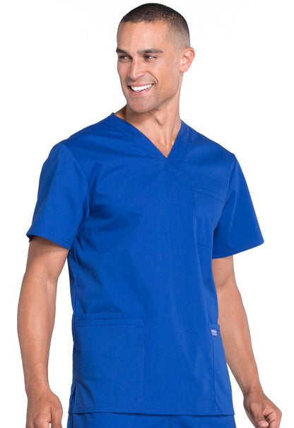 Professionals WW695 Men's V-Neck Top Galaxy Blue Model Image Left Side | Cherokee Workwear