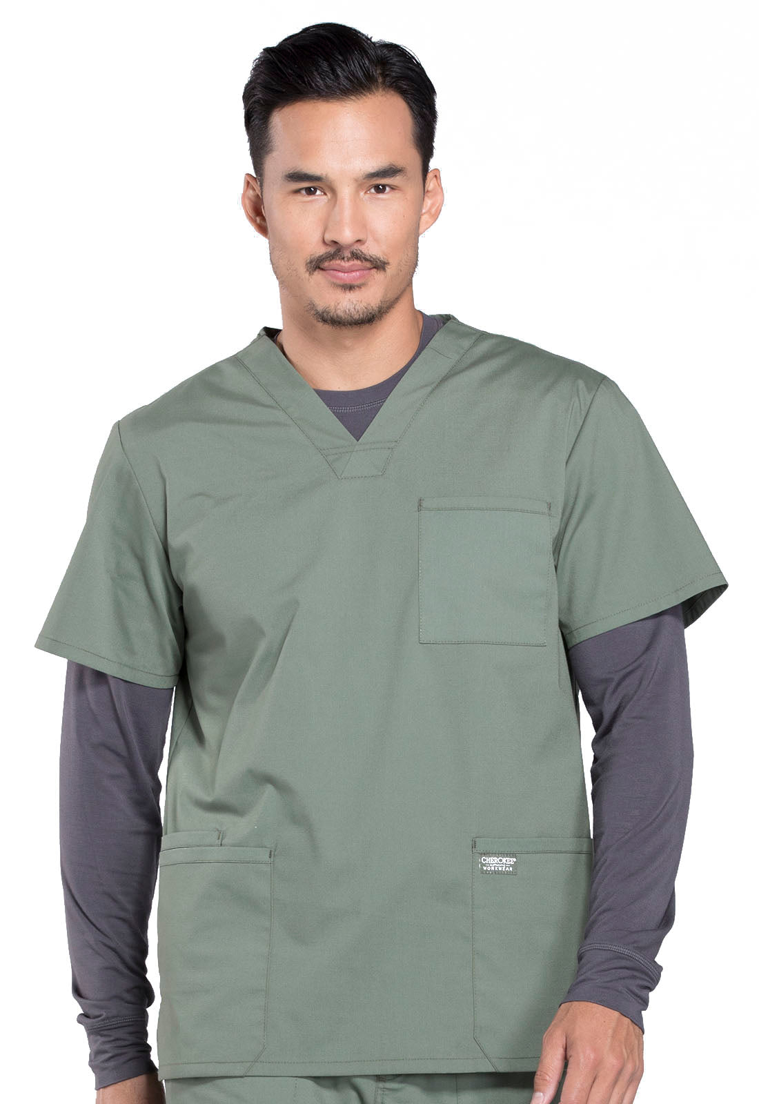 Professionals WW695 Men's V-Neck Top Olive Model Image Front | Cherokee Workwear