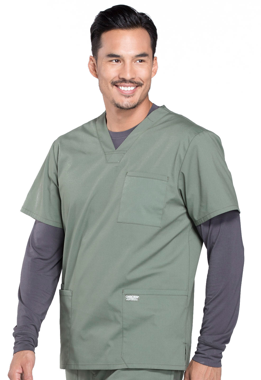 Professionals WW695 Men's V-Neck Top Olive Model Image Right Side | Cherokee Workwear